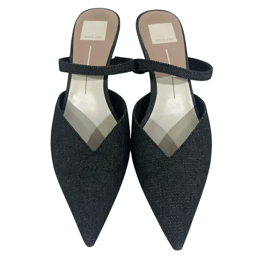 Dolce Vita Kanika Mid Heels Denim Dark Blue Pointed Toe Slip On Strap Sz 7.5